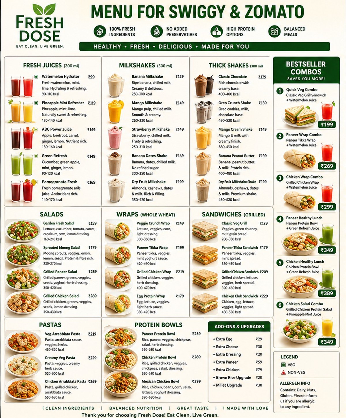 Fresh Dose menu featuring juices, salads, wraps, sandwiches, protein bowls and combos